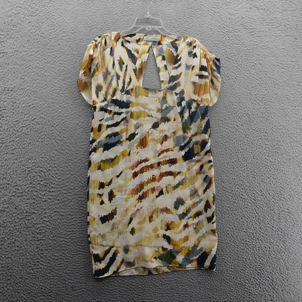 Geren Ford Watercolor Print Silk Mini Dress Medium* Ivory Gold Back Cut Out